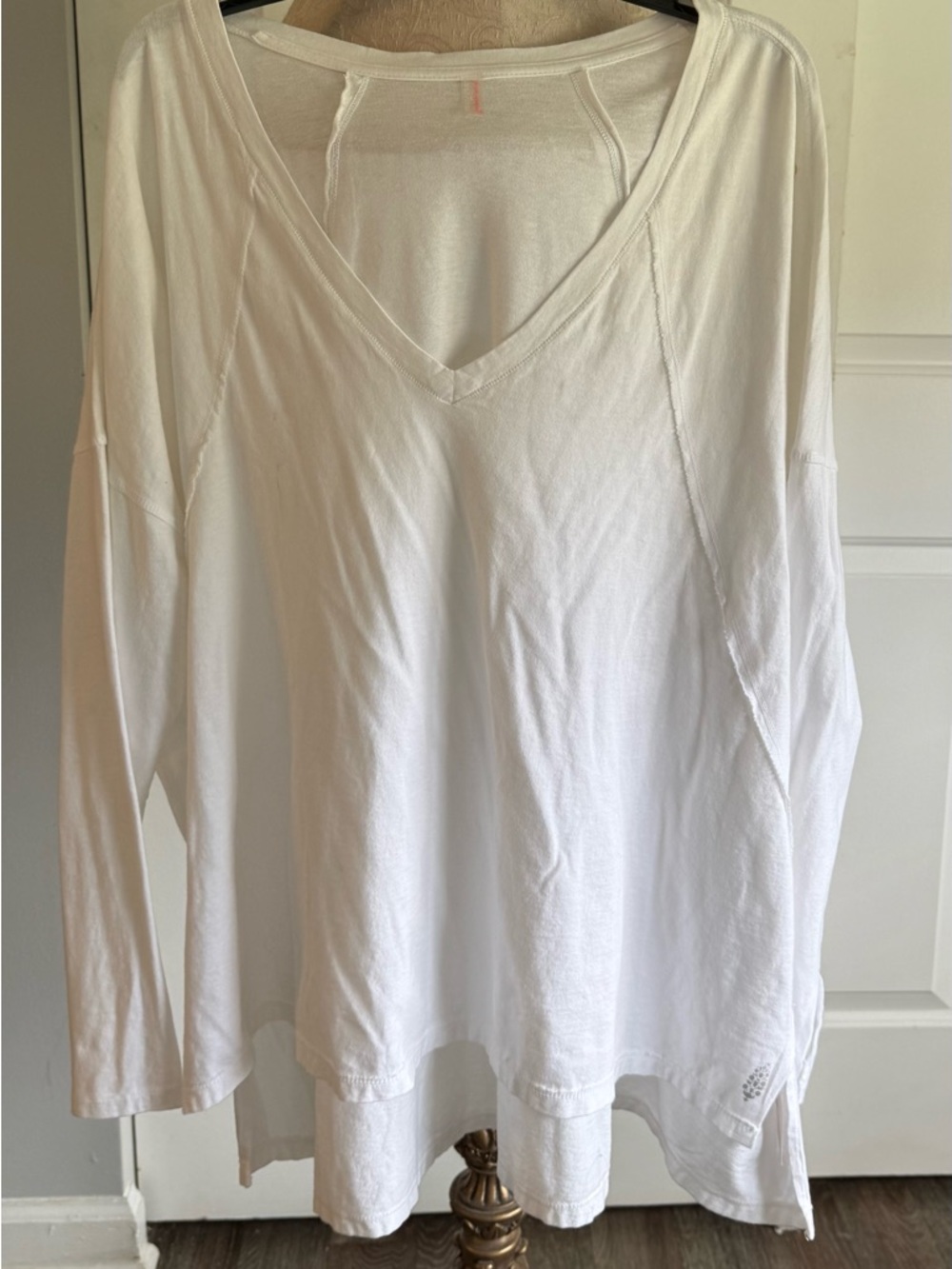 Free People White V-Neck Long Sleeve Top